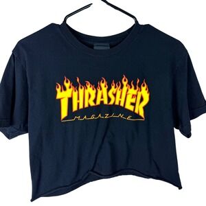 Thrasher‎ Magazine Flame Logo Cropped Graphic T-Shirt Black Small Raw Hem Skate
